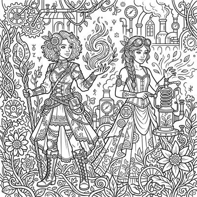 Step into a world where magic meets machinery with this captivating Nature Witches Steampunk coloring page. Adorned with gears and surrounded by mystical flora, these powerful figures await your creative touch.