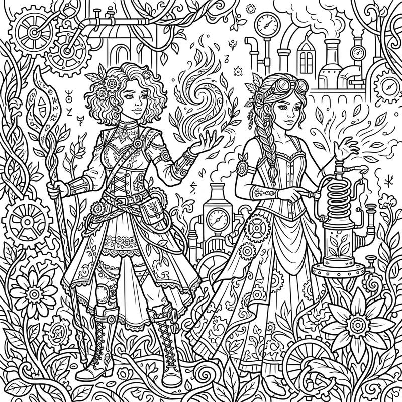 Step into a world where magic meets machinery with this captivating Nature Witches Steampunk coloring page. Adorned with gears and surrounded by mystical flora, these powerful figures await your creative touch.