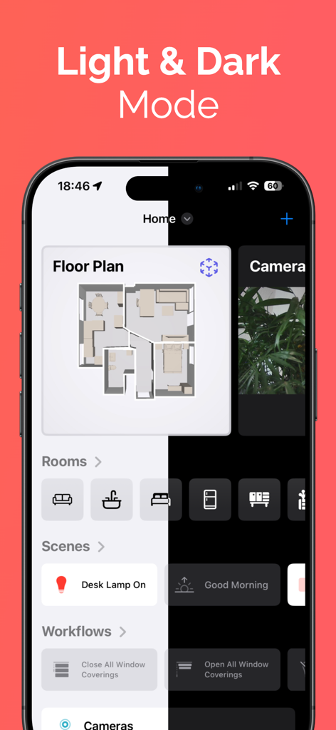 Split screen demonstration of the Controller for HomeKit app interface in both Light and Dark modes