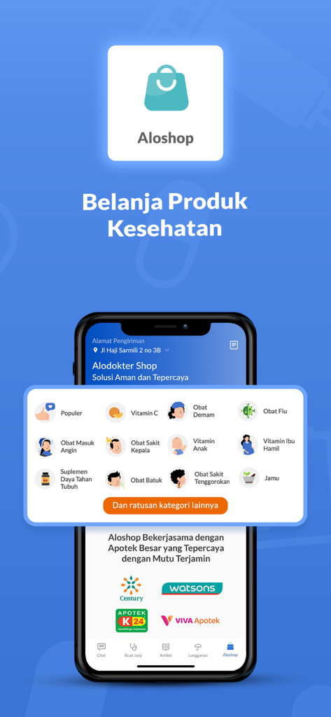 Alodokter: Chat Bersama Dokter - Alodokter app screenshot of the Aloshop interface displaying health product categories and pharmacy partners