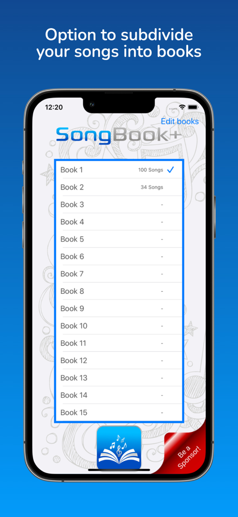 SongBook+ - Captura de pantalla de la interfaz de la aplicación SongBook plus mostrando la función para subdividir canciones en múltiples libros digitales para una mejor organización.