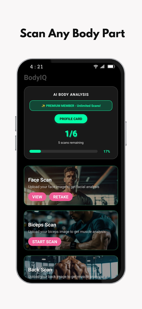 BodyIQ – Track Your Body - BodyIQ app interface showing AI body analysis scan options for face and muscles