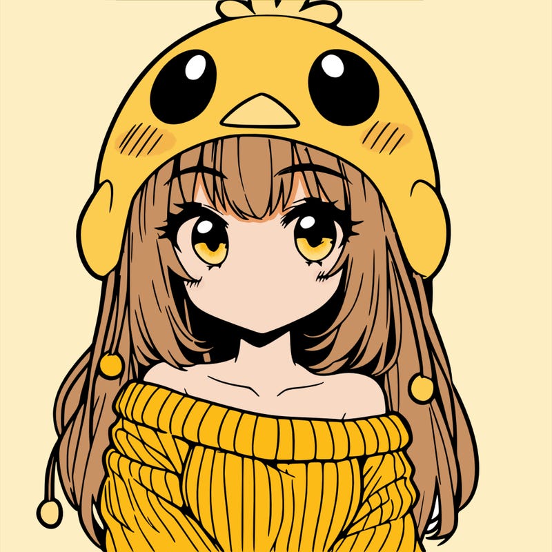 anime girl with chick shaped hat with sweater with bare shoulders with bangs covering them one eye with low tail