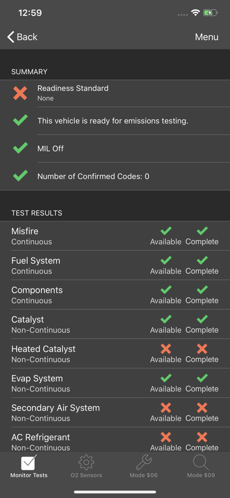 OBDLink - A mobile screen showing the OBDLink app with a summary of emissions readiness and individual test results for car components