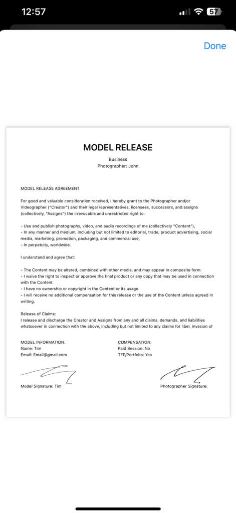 A completed digital model release form showing photographer and model information with digital signatures