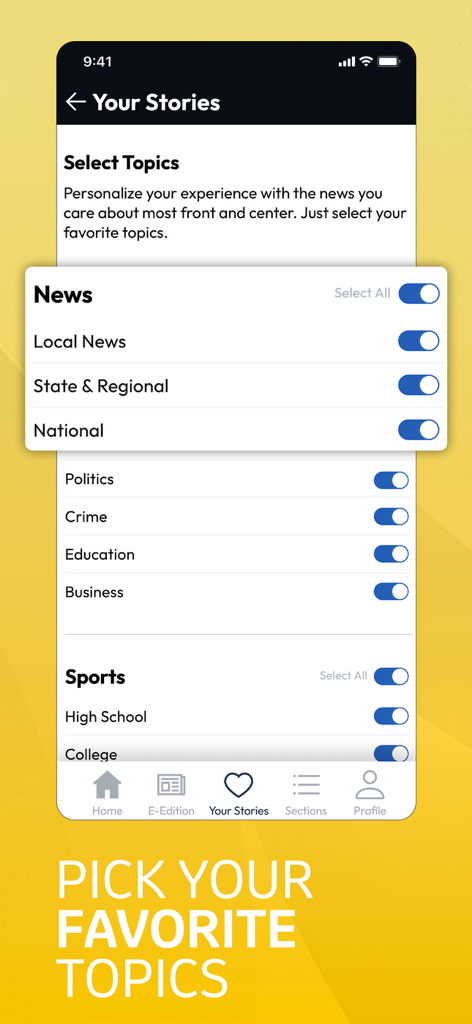 Billings Gazette - Interface of the Billings Gazette app showing a menu to pick favorite news topics and personalize the news feed