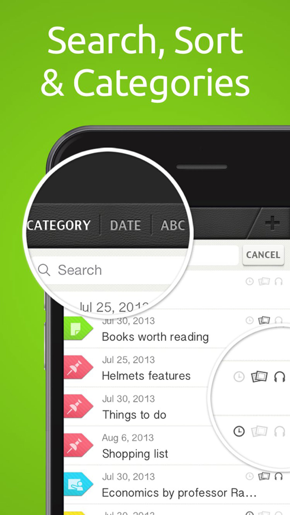 SuperNote app screen showing note organization by category date and alphabetical order with color coded tags