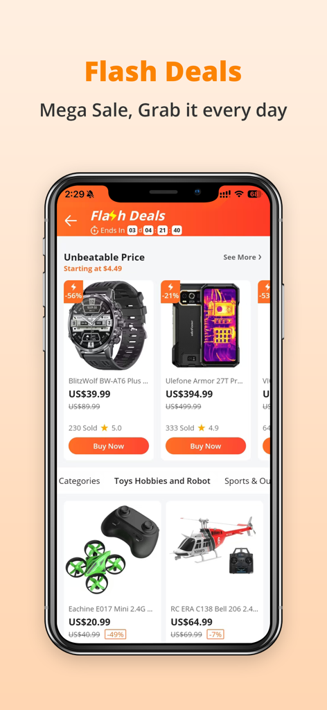 Banggood Global Online Shop - Banggood app interface showcasing flash deals on smartwatches and RC drones