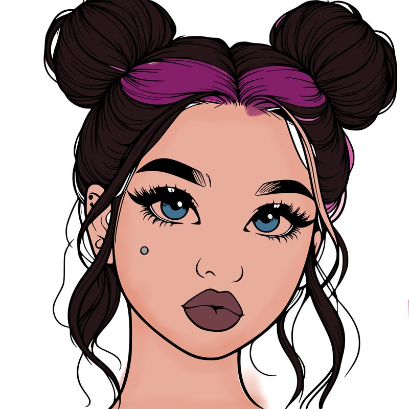 realistic girl with two buns on her hair and lips