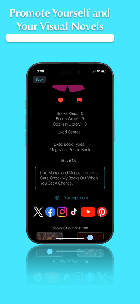Dream Novels - Dream Novels app screenshot showing a creator profile page with social media links and published book statistics