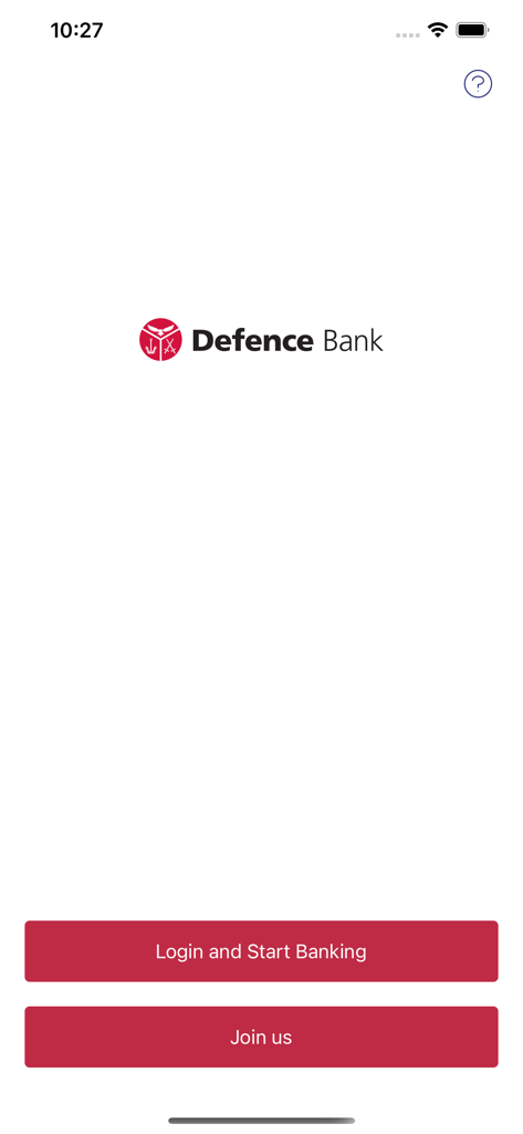 Defence Bank Mobile - Login-Bildschirm der Defence Bank Mobile App mit Schaltflächen für 'Beitreten' und 'Banking starten'