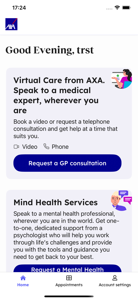 Virtual Care from AXA - Home dashboard of the Virtual Care from AXA app showing options for GP consultations and mental health support services.