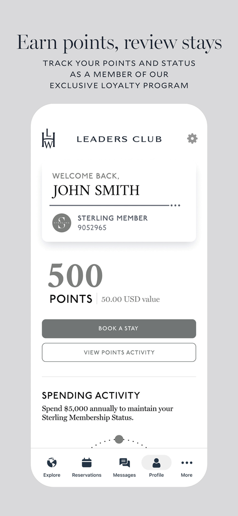 ポイント残高と会員ステータスを示すリーディングホテルアプリのリーダーズクラブ会員プロフィール