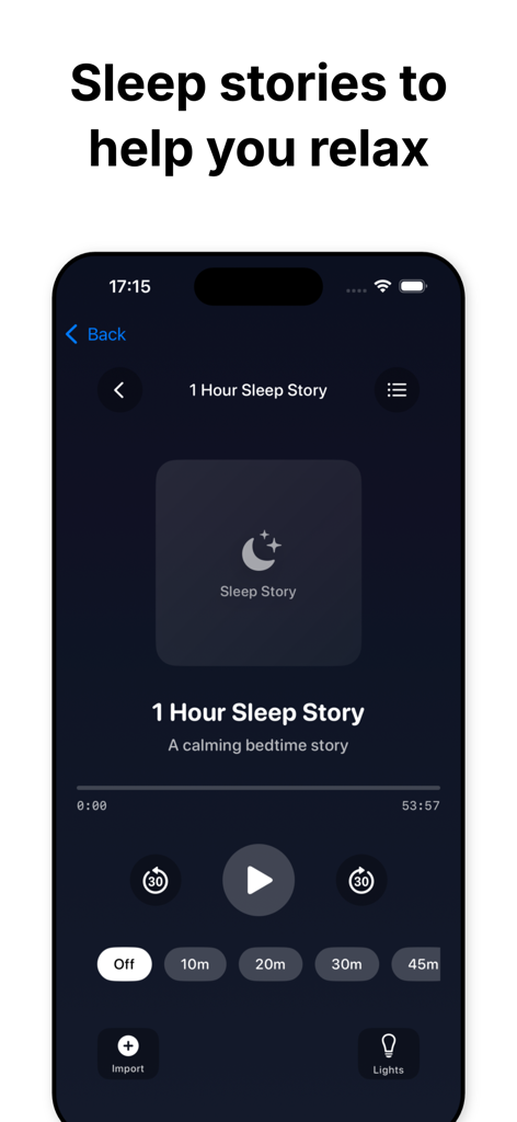 Sleep Games app interface showing a calming sleep story player with a dark theme and sleep timer