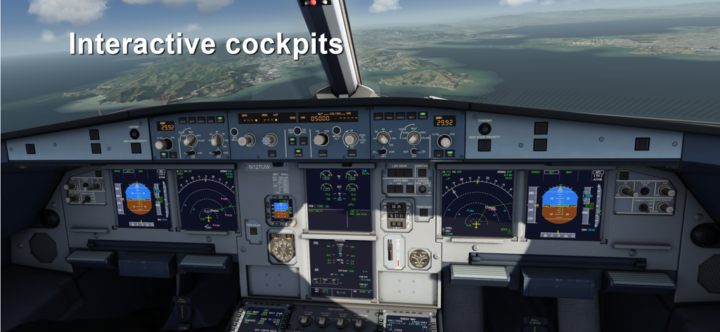 Detailed interactive 3D cockpit of an airliner in the Aerofly FS Global flight simulator showing instruments and flight controls