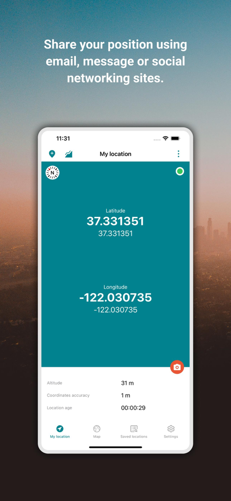 Mobile app interface showing precise latitude and longitude coordinates with altitude and accuracy data