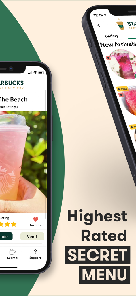 Starbucks-Inspired Secret Menu - Due telefoni cellulari che mostrano l'app del menu segreto di Starbucks con varie ricette di bevande colorate