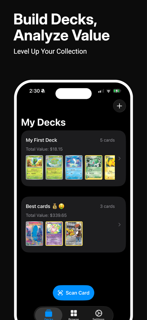 Poké Pricer: Pokemon Scanner - A mobile interface from the Poké Pricer app showing organized Pokemon card collections with real-time total market values