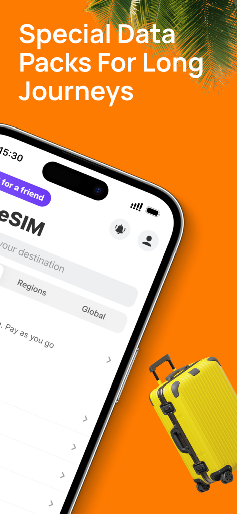 Yesim app screen promoting special eSIM data packs for long journeys next to a yellow suitcase