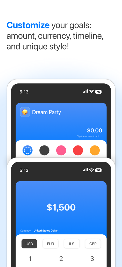 Goal Tracker: Save & Budget - Mobile screens showing options to customize savings goals with colors, currency, and emojis
