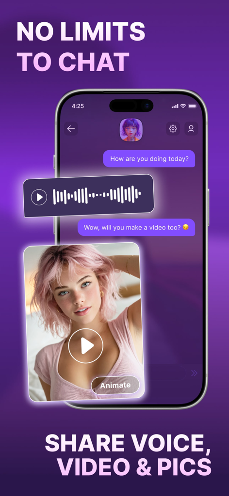 Botify AI: Create. Chat. Bot - Botify AI app interface displaying text chat, audio waveforms, and an AI character photo with an animation button.