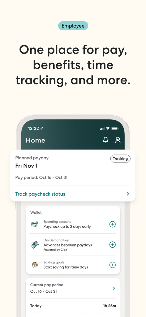 Gusto Mobile - Gusto Mobile app dashboard for employees showing payday tracking and financial wallet features.
