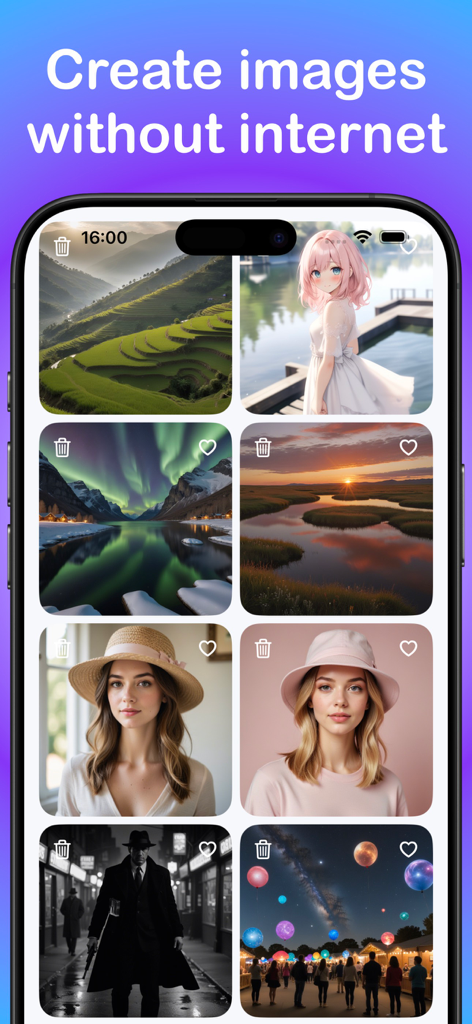 LocalGen: AI Image Generator - LocalGen app interface showing a grid of AI-generated images including landscapes and portraits with the headline Create images without internet.