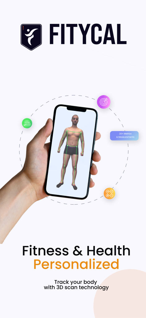 Fitycal - 3D Body Scan Tracker - A hand holding an iPhone displaying a 3D body scan and fitness metrics within the Fitycal app.