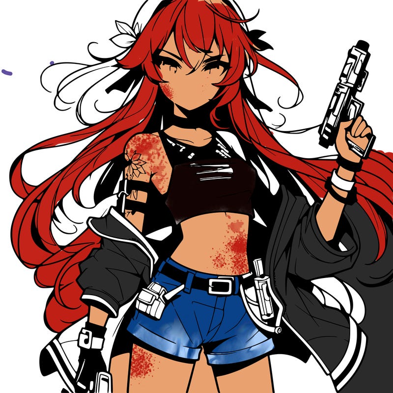 bad girl wearing crop top holding a gun long hair anime