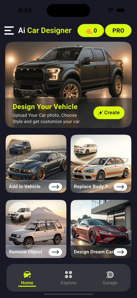 AI Car Designer Modify: AI Car - The home screen of the AI Car Designer app showing various vehicle modification and design options like adding parts and removing objects.