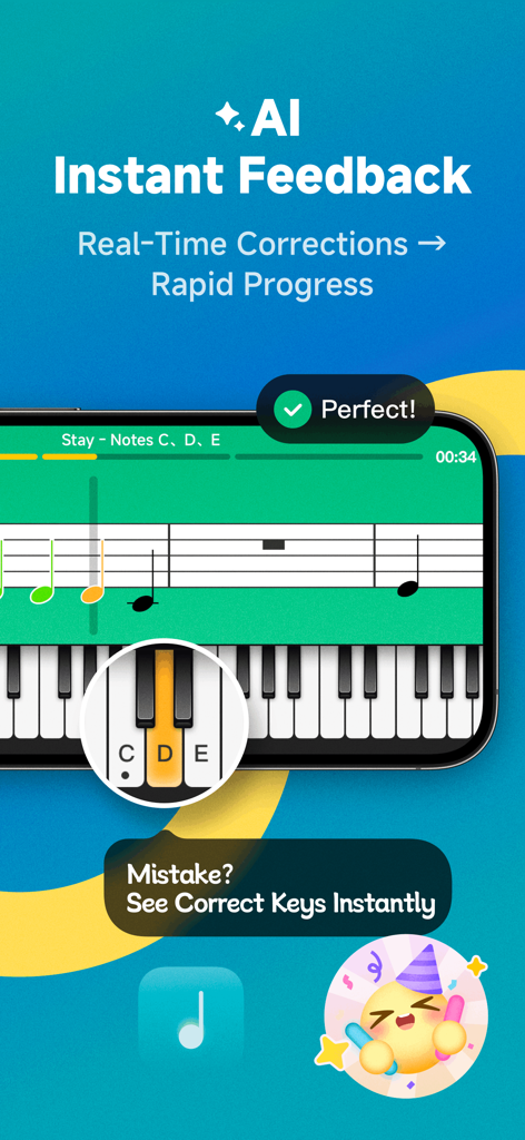 La interfaz de la aplicación KeyTap muestra retroalimentación instantánea de IA y correcciones de notas en tiempo real en un teclado de piano virtual