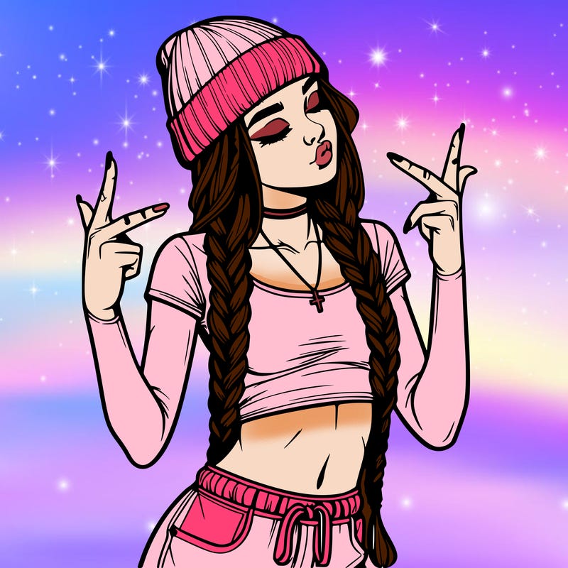 realistic teenage girl with braids and a beanie and crop top doing 🫶🏼