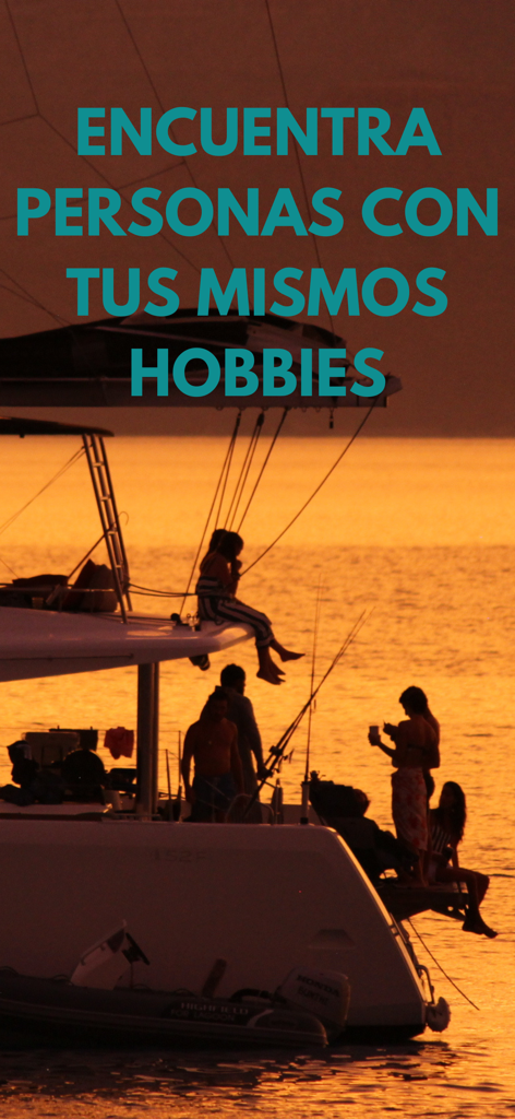 hobi - Friends & Plans - A group of people socializing on a boat during sunset with text about finding friends with similar hobbies