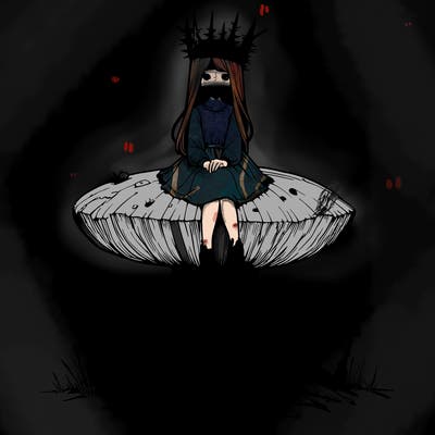 realistic girl sitting on a huge tree stump size toadstool with thorn crown