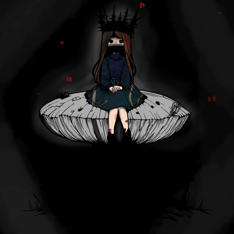 realistic girl sitting on a huge tree stump size toadstool with thorn crown