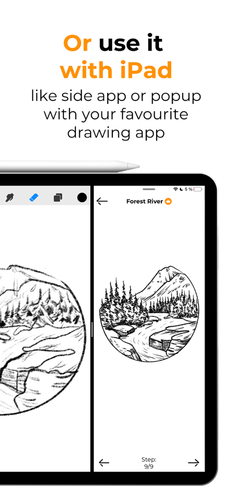 Mona - How to draw - iPad split-screen showing Mona drawing tutorial next to a digital art app