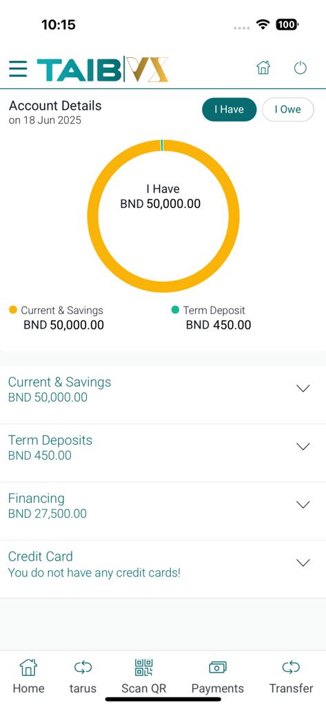 TAIBVX - TAIBVX mobile banking app dashboard showing account details and balance summary in BND