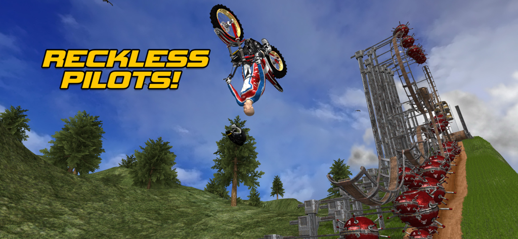 Motorbike - A motorcycle rider performing a backflip over a complex obstacle course with red mines