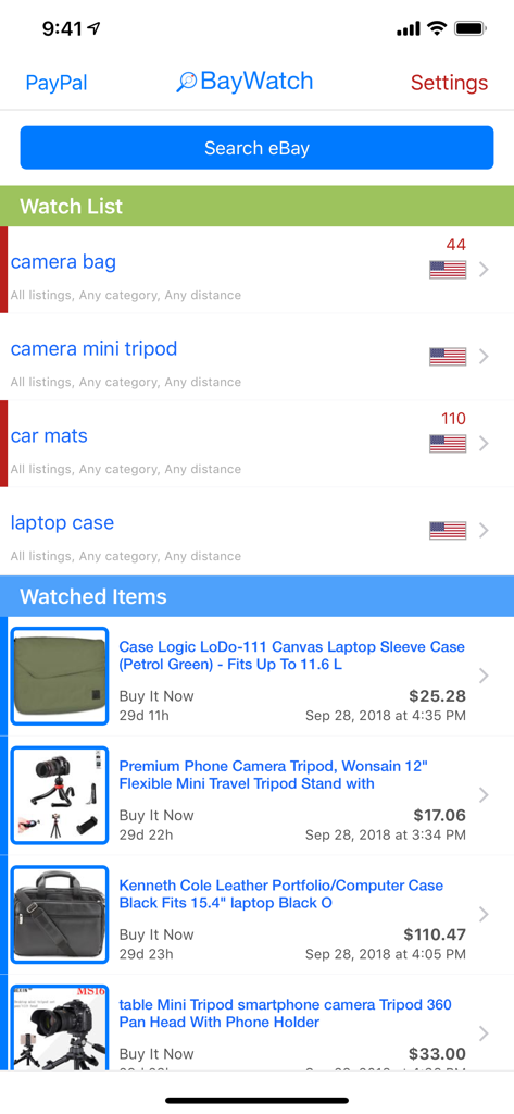 BayWatch app screen showing eBay watch list and tracked listings