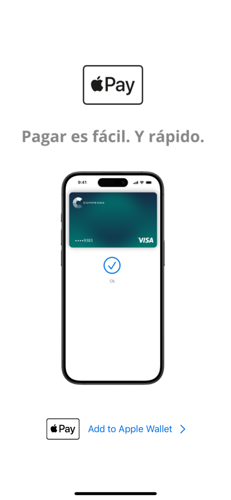 Interfaz de la aplicación Mi Compensación mostrando una tarjeta Visa corporativa integrada con Apple Pay y la opción de añadirla a Wallet