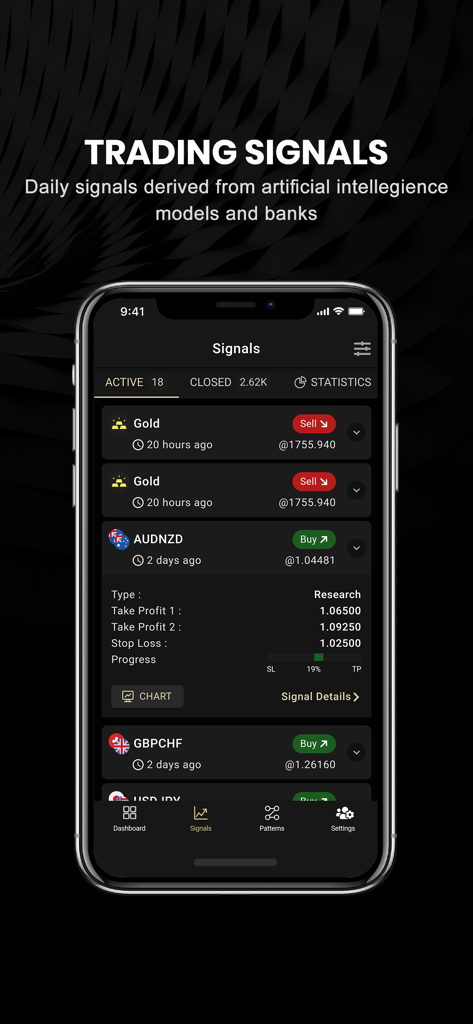 Interface do aplicativo móvel mostrando sinais de negociação de IA em tempo real para Forex e commodities com alertas de compra e venda