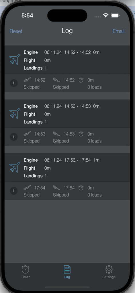 Daily Flight Log app interface displaying a list of recorded flight entries with engine and flight times