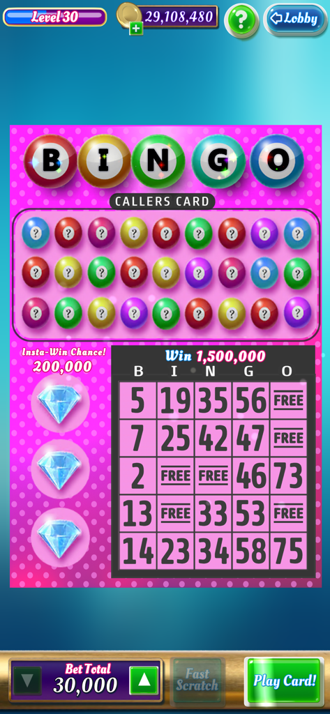 Scratch Off Lottery Casino - Une interface de jeu de grattage de bingo rose avec une carte de crieur et une grille de bingo numérotée.