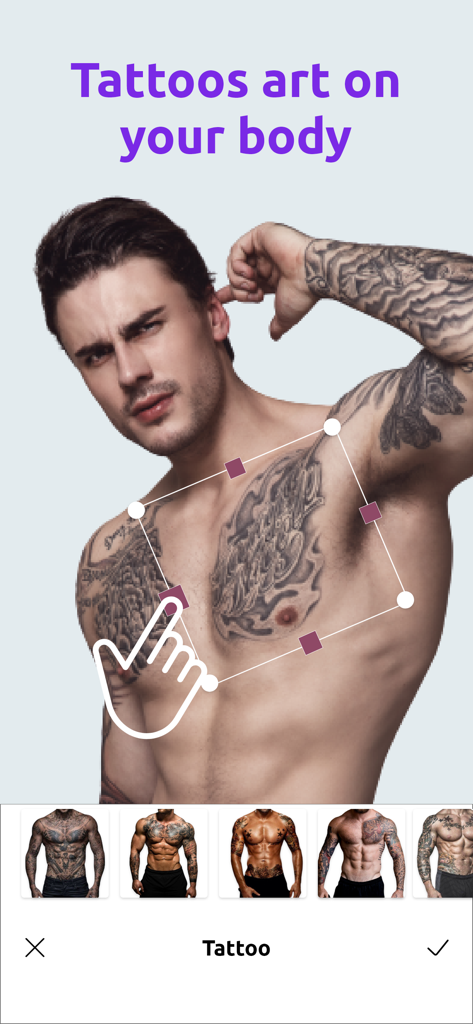 Macho Man-Edit Body Muscle Pro - User interface of the Macho Man app showing a man applying digital tattoos to his chest and arm