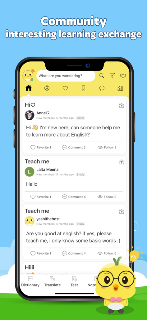 Interfaz de la app Diccionario de Inglés Dunno mostrando el intercambio de aprendizaje comunitario y el foro de preguntas y respuestas donde los usuarios piden ayuda con vocabulario y gramática del inglés.