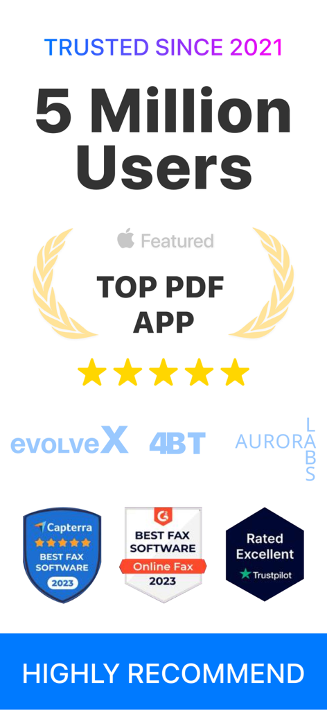 PDF Scanner, Editor, Converter - Infographic showing PDF Scanner app trust badges, 5 million users, and top ratings from Capterra and Trustpilot