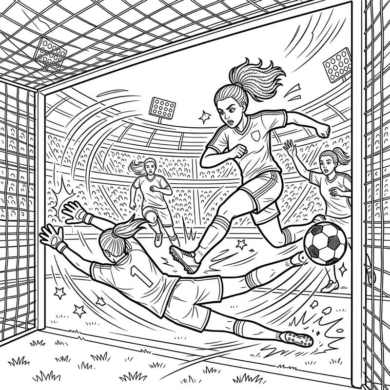 Capture the electrifying moment of a soccer goal with this action-packed coloring template. Immerse yourself in the game's intensity as you bring this thrilling scene to life with your favorite colors.