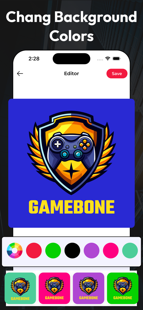 AI Logo Maker: Logo Creator - Interfaz de Creador de Logos con IA mostrando opciones de color de fondo para un logo de marca de videojuegos