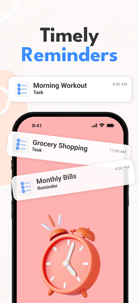 Daily Timeline To-Do : Taskito - Taskito App-Oberfläche, die Benachrichtigungserinnerungen für morgendliches Training, Lebensmitteleinkauf und monatliche Rechnungen anzeigt