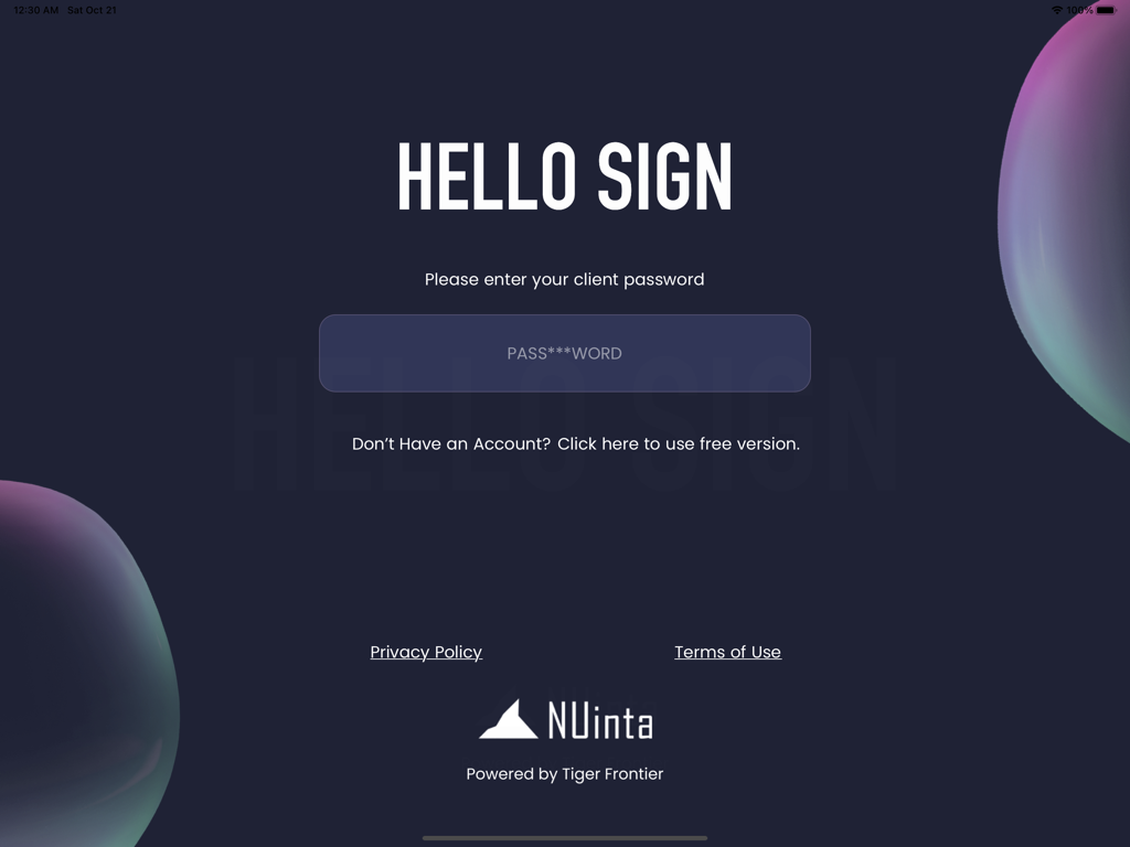 HelloSign - HelloSign login screen for digital signage app on iPad.